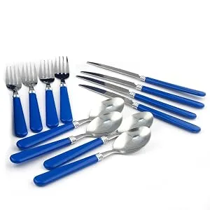 STANSPORT - Deluxe 24-Piece Enamel Tableware Set: Plates, Bowls, Mugs & Utensils Blue - knife, form, spoon, camping