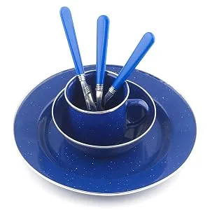 STANSPORT - Deluxe 24-Piece Enamel Tableware Set: Plates, Bowls, Mugs & Utensils Blue - tableware