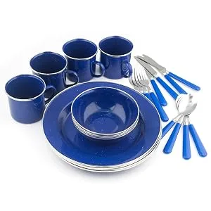 STANSPORT - Deluxe 24-Piece Enamel Tableware Set: Plates, Bowls, Mugs & Utensils Blue - Tableware
