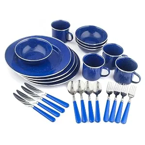 STANSPORT - Deluxe 24-Piece Enamel Tableware Set: Plates, Bowls, Mugs & Utensils Blue - tableware, stansport