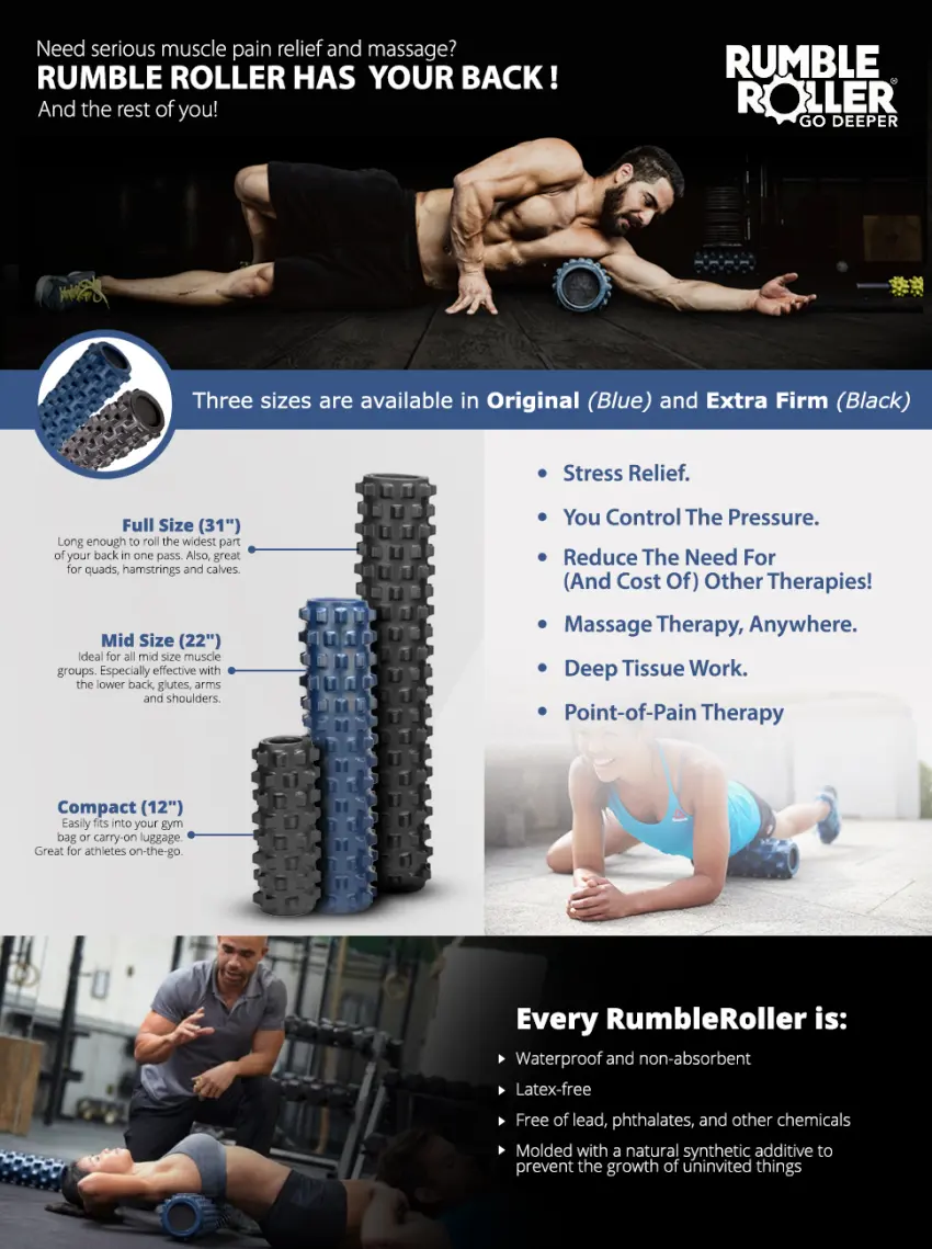 RumbleRoller, Textured Muscle Foam Roller Manipulates Soft Tissue Like A Massage Therapist - product information 1