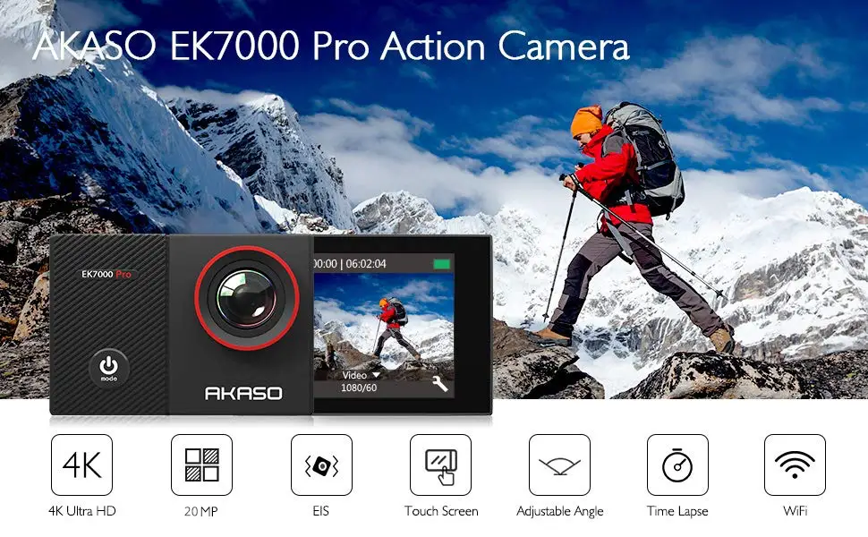 AKASO EK7000 Pro 4K Action Camera with Touch Screen EIS Adjustable View Angle Web Underwater Camera 40m Waterproof Camera Remote Control Sports Camera with Helmet Accessories Kit Black - product information 1