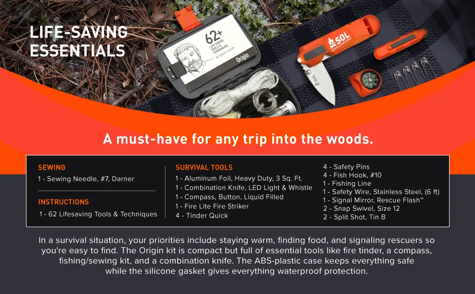 S.O.L. Survive Outdoors Longer Origin, Multi-Function Ultimate Survival Tool, Waterproof & Lightweight Case, Compact Outdoor Emergency Gear Kit, Buck Tilton Lifesaving Tips & Techniques, 6.25oz - life saving essentials fishing gear backpacking hiking camping tools aluminum foil hunting needle