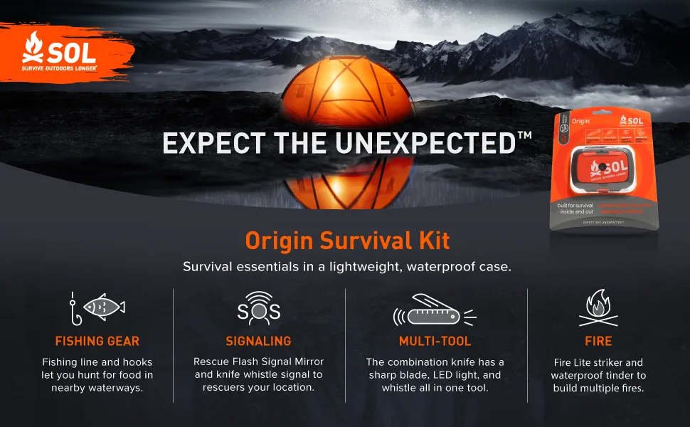 S.O.L. Survive Outdoors Longer Origin, Multi-Function Ultimate Survival Tool, Waterproof & Lightweight Case, Compact Outdoor Emergency Gear Kit, Buck Tilton Lifesaving Tips & Techniques, 6.25oz - survival instinct adventure outdoors journey travel safety first aid rescue compact durability water