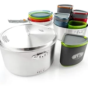 GSI Outdoors Glacier Stainless Camper 4 Person Packable Cookware & Dinnerware Set for Camping or Backpacking 4 person Multi - spread