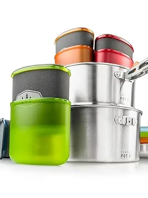 GSI Outdoors Glacier Stainless Camper 4 Person Packable Cookware & Dinnerware Set for Camping or Backpacking 4 person Multi - stacked