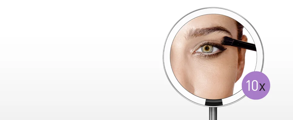 simplehuman Floor Mount 5" Round Rechargeable Mini Travel Sensor Makeup Mirror, 10x Magnification, Brushed Stainless Steel Brushed Mirror - 10x magnification mirror