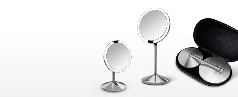 simplehuman Floor Mount 5" Round Rechargeable Mini Travel Sensor Makeup Mirror, 10x Magnification, Brushed Stainless Steel Brushed Mirror - adjustable mirror