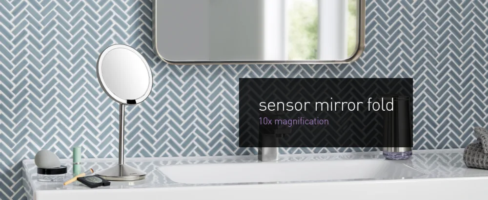 simplehuman Floor Mount 5" Round Rechargeable Mini Travel Sensor Makeup Mirror, 10x Magnification, Brushed Stainless Steel Brushed Mirror - sensor mirror fold