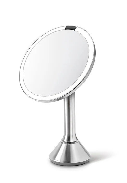 simplehuman Floor Mount 5" Round Rechargeable Mini Travel Sensor Makeup Mirror, 10x Magnification, Brushed Stainless Steel Brushed Mirror - sensor mirror round