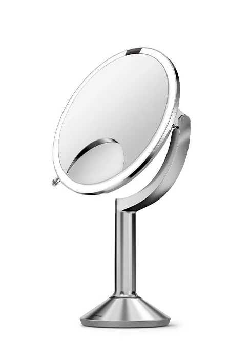 simplehuman Floor Mount 5" Round Rechargeable Mini Travel Sensor Makeup Mirror, 10x Magnification, Brushed Stainless Steel Brushed Mirror - sensor mirror Trio