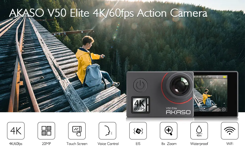 AKASO V50 Elite 4K60fps Touch Screen WiFi Action Camera Voice Control EIS Web Camera 131 feet Waterproof Camera Adjustable View Angle 8X Zoom Remote Control Sports Camera with Helmet Accessories Kit - Action camera