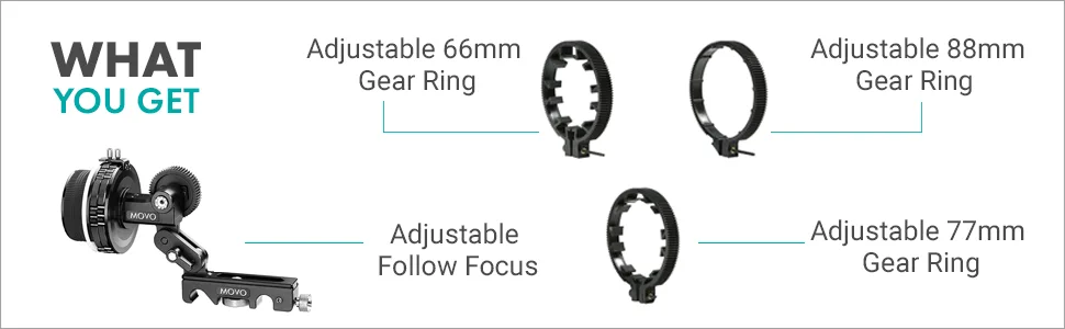 Movo F2X Precision Follow Focus System with Hard Stops and 65mm, 75mm, 85mm Adjustable Gear Rings - movo