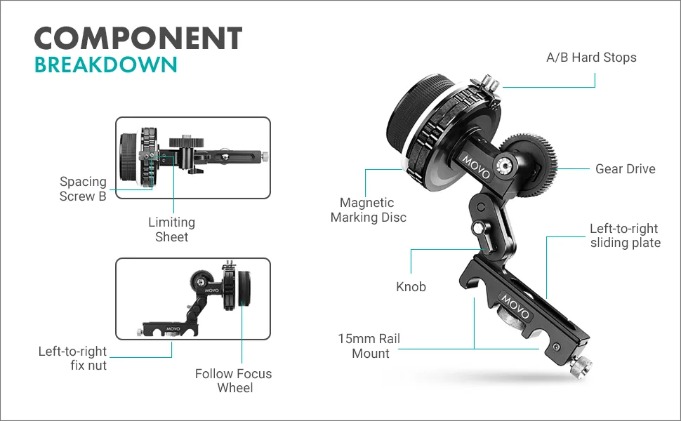 Movo F2X Precision Follow Focus System with Hard Stops and 65mm, 75mm, 85mm Adjustable Gear Rings - movo