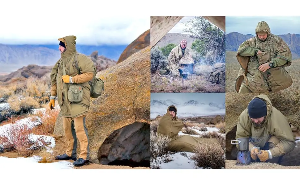 Helikon-Tex Swagman Roll Military Poncho - Multi-Purpose Poncho & Emergency Poncho - Survival Gear - Woobie Blanket & Jacket Black - Swagman Roll in 5 different action scenarios. MultiCam, Adaptive Green, Coyote Brown colors