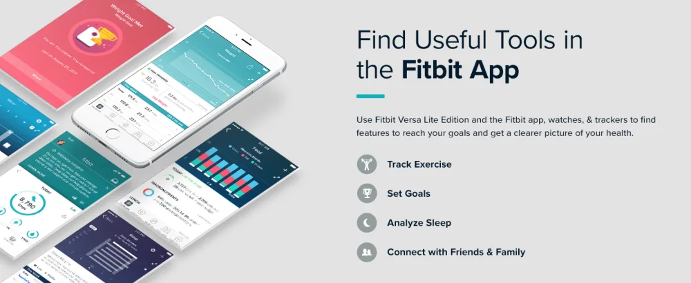 Fitbit Versa Lite White/Silver Aluminum - Smart phone screens displaying various views of fitbit app