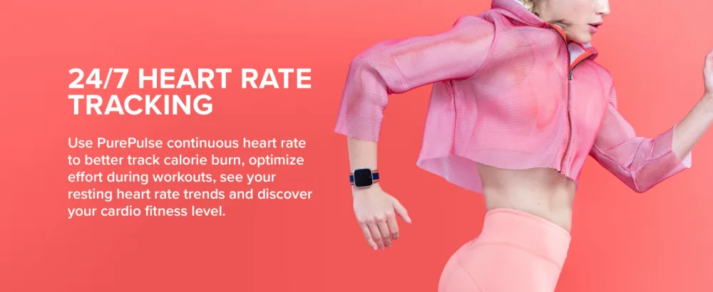 Fitbit Versa Lite White/Silver Aluminum - Woman in pink workout gear running