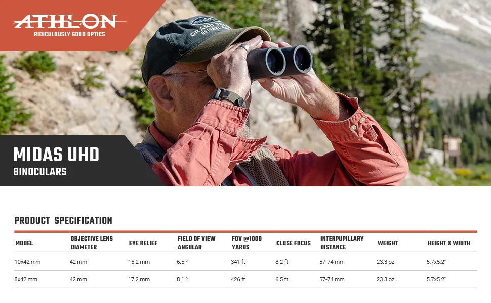 Athlon Optics Midas Binoculars for Adults and Kids, Waterproof, Durable Binoculars for Bird Watching 8x42 - Midas UHD Specifications