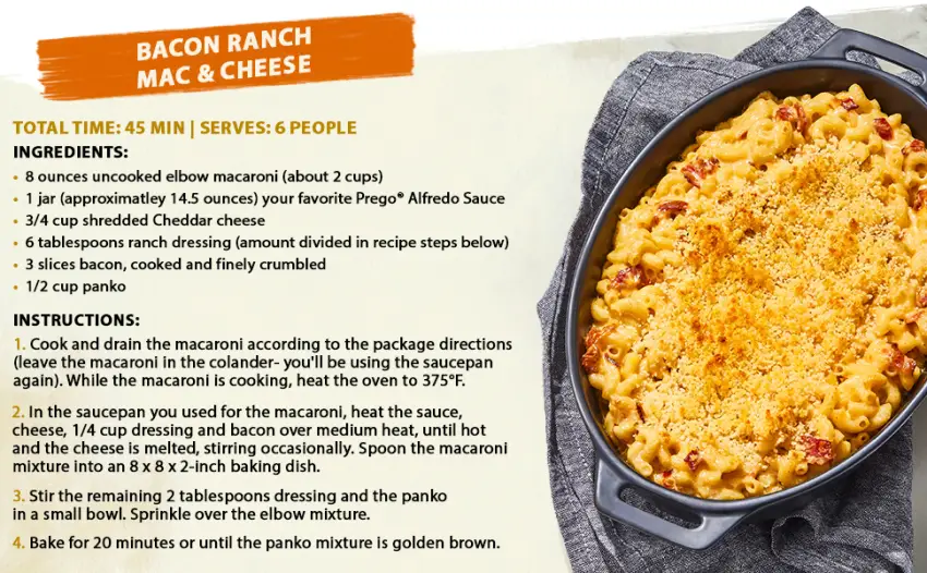 Prego Alfredo Sauce with Roasted Garlic and Parmesan Cheese, 14.5 Oz Jar - bacon ranch mac & cheese