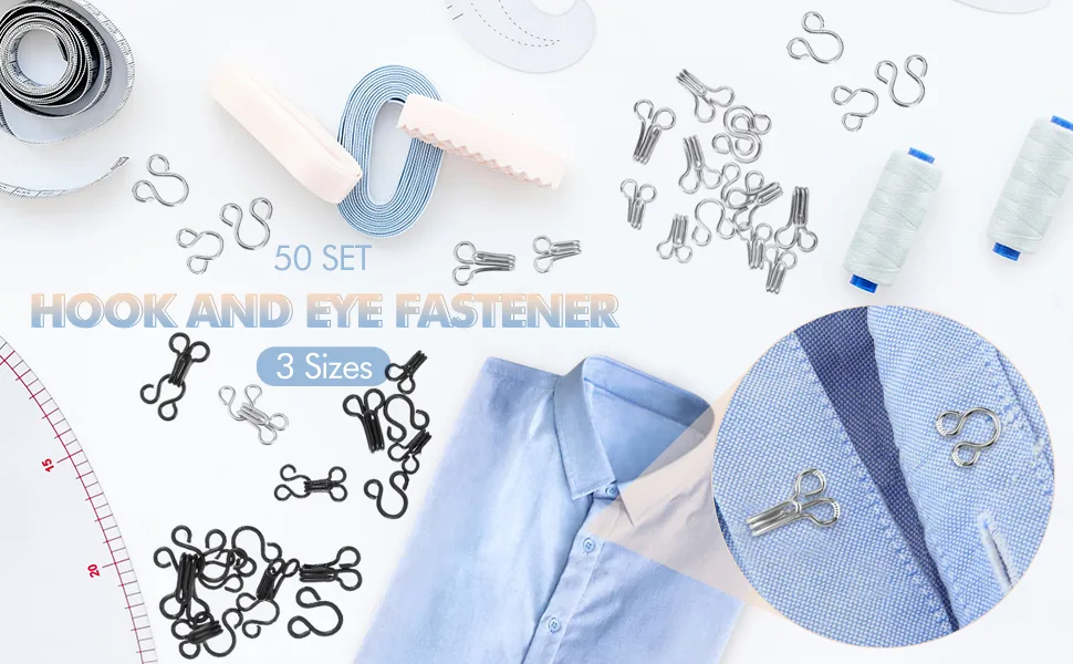50 Set Sewing Hooks and Eyes Closure for Bra and Clothing, 3 Sizes (Silver and Black) - product information 2