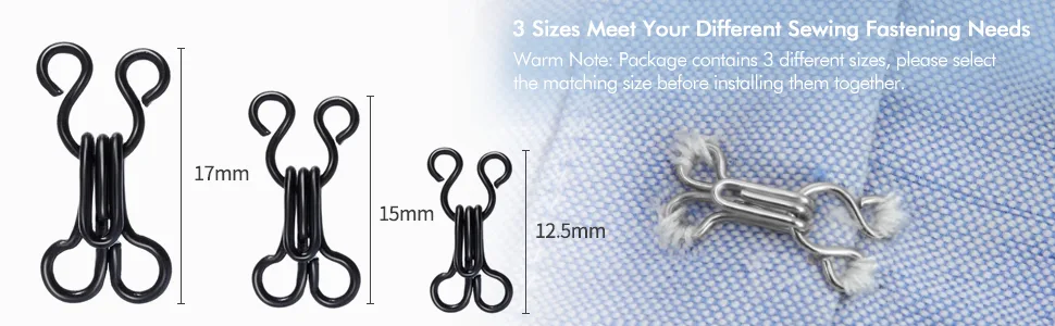 50 Set Sewing Hooks and Eyes Closure for Bra and Clothing, 3 Sizes (Silver and Black) - product information 3