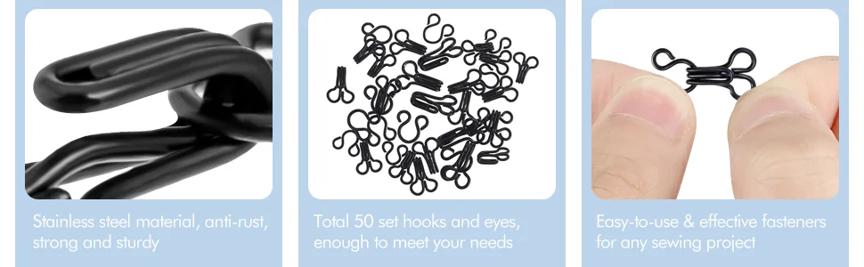 50 Set Sewing Hooks and Eyes Closure for Bra and Clothing, 3 Sizes (Silver and Black) - product information 4