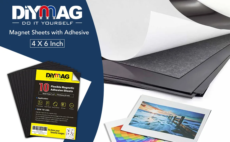 DIYMAG Magnetic Adhesive Sheets,|4" x 6"|,10 Pack Cuttable Magnetic Sheets,Flexible magnet sheets with adhesive for Crafts,Photos,Easy Peel and Stick 4" x 6"-10P - Magnet Sheets