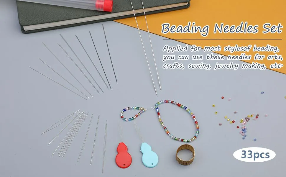 Jupean 33 Pieces Beading Needles Set, Assorted Size Seed Beads Needles Big Eye Beading Needles Long Straight Embroidery Needles for Jewelry Making with Thimble, Needle Threaders, Needle Bottles - Beading Needles Set