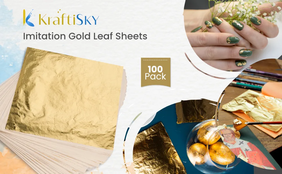 KraftiSky Gold Leaf Sheets - 100 Gold Foil Sheets - 14 x 14 cm Multipurpose Gold Leaf for Nails, Art & DIY Projects, Picture Frames, Home Walls, Interior and Multi Artistic Decoration (Foil) - gold lead sheets