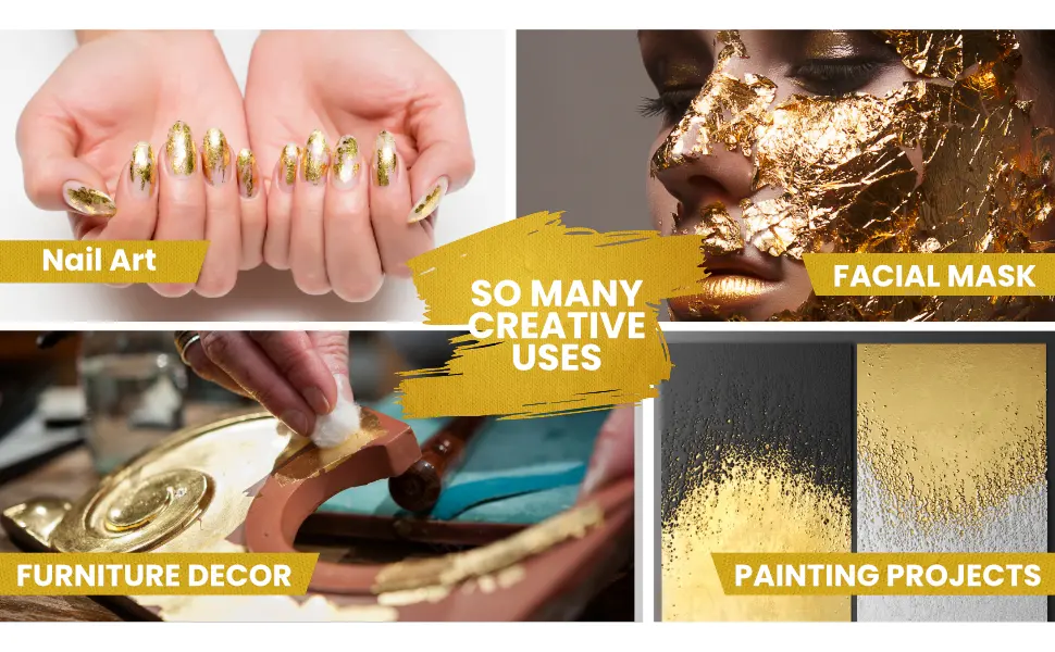 KraftiSky Gold Leaf Sheets - 100 Gold Foil Sheets - 14 x 14 cm Multipurpose Gold Leaf for Nails, Art & DIY Projects, Picture Frames, Home Walls, Interior and Multi Artistic Decoration (Foil) - gold leaf manicure, gold leaf face mask gilding furniture