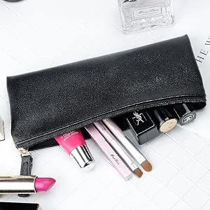 MROCO Pencil Case Pencil Pouch Black Pencil Bag PU Leather Pen Case Small Zipper Pouch for Pencils, Pens, Markers, Makeups, Change, Coins - makeup bag