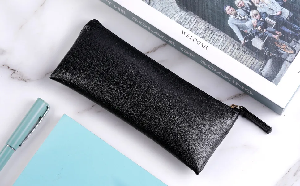 MROCO Pencil Case Pencil Pouch Black Pencil Bag PU Leather Pen Case Small Zipper Pouch for Pencils, Pens, Markers, Makeups, Change, Coins - pen pouch
