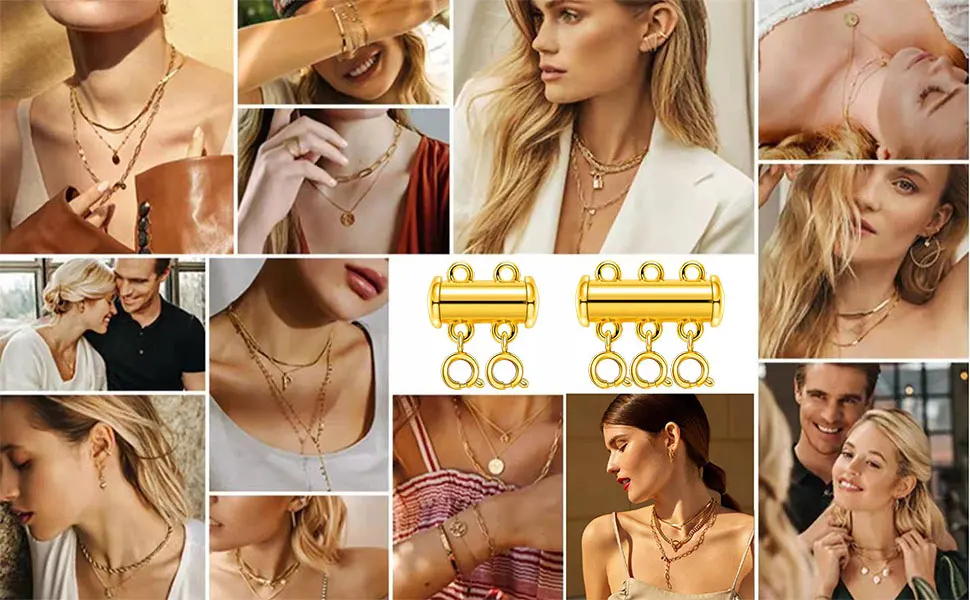 OHINGLT Necklace Layering Clasps Slide Lock Clasp Necklace Connector Multi Strands Slide Tube Clasps 4PCS Lobster Clasp Gold and Silver - magnetic clasps for necklaces