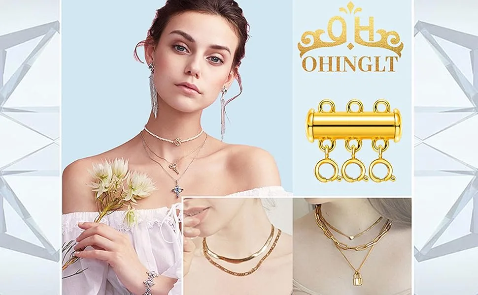OHINGLT Necklace Layering Clasps Slide Lock Clasp Necklace Connector Multi Strands Slide Tube Clasps 4PCS Lobster Clasp Gold and Silver - Slide Lock Clasp Necklace Connector