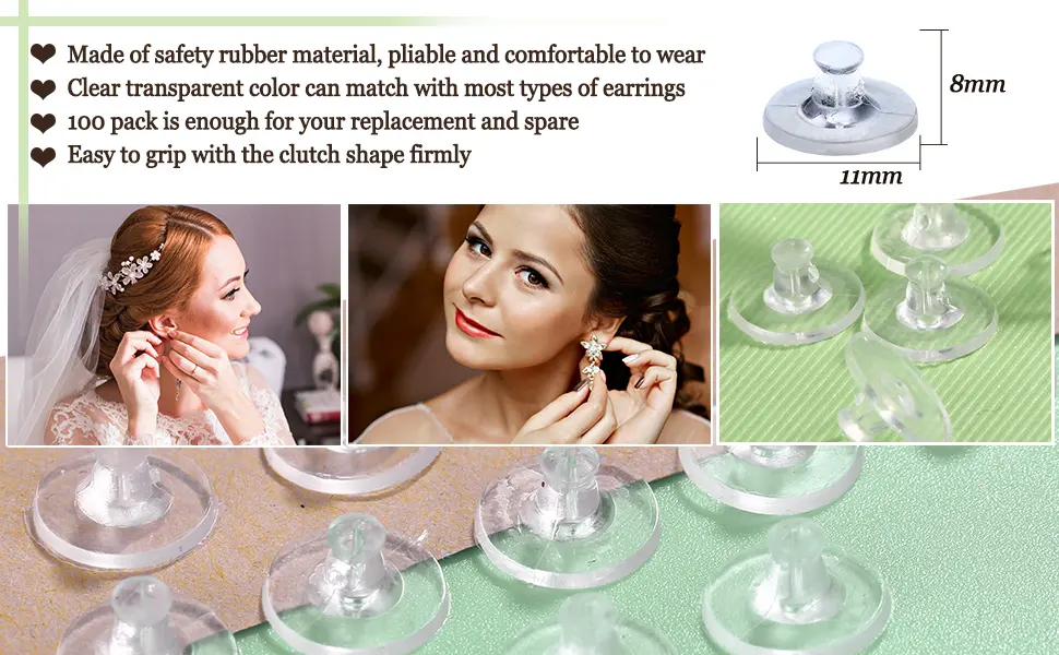 100 Pack Clear Rubber Earring Safety Backs Clutch Earring Pad - product information 2