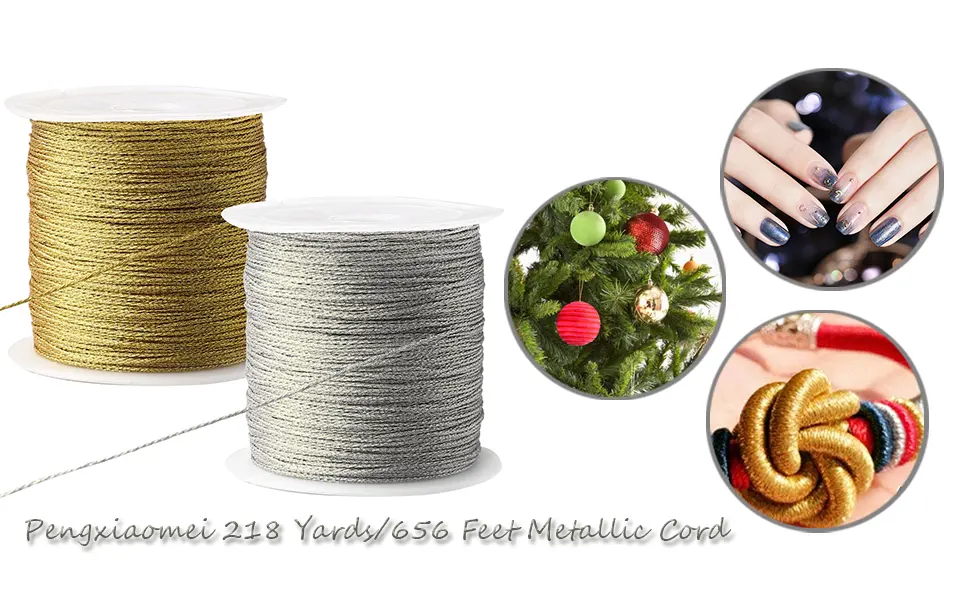 Pengxiaomei 218 Yards/656 Feet Metallic Cord, 2 Spool Metallic Thread Gold Jewelry Thread Silver Craft String Tinsel String Craft Making Cord(0.5mm) Gold+Sliver - main