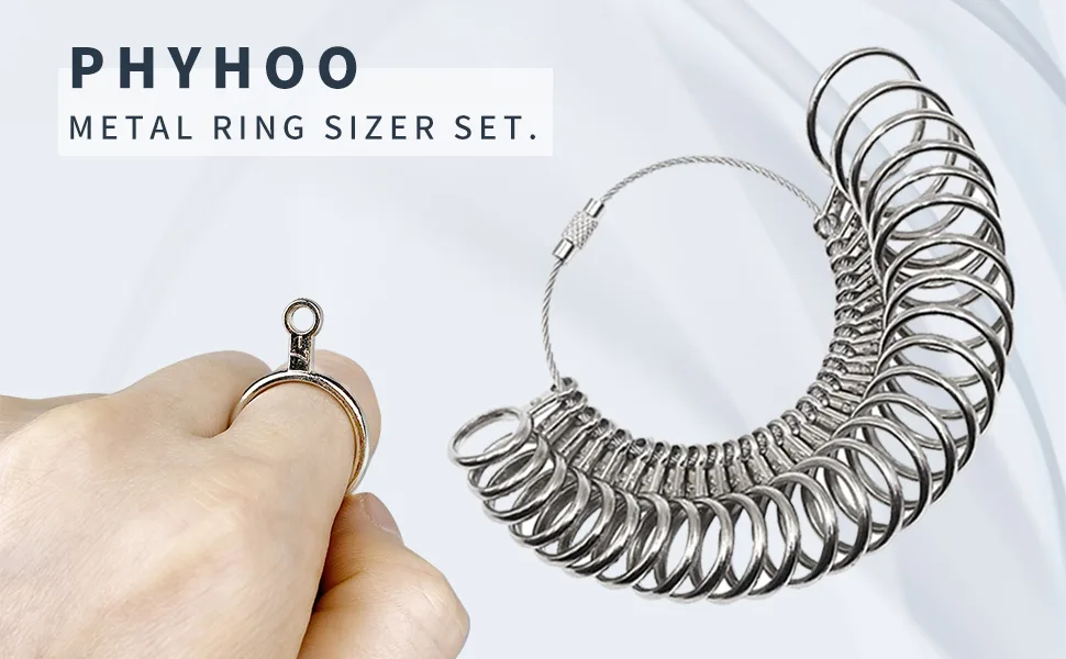 PHYHOO Ring Sizer Measuring Tool Set Metal Finger Sizing Gauge Rings Measurement Women Men Wedding Jewelry Tool US Size 0-13 with Half Size - PHYHO RING SIZER SET