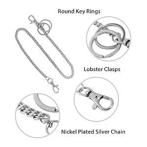 18" Silver Nickel Plated Pocket Keychain String with Both Ends Lobster Claw Clasp Trigger Snap Handle for Belt Loop, Purse Handbag Strap, Keys, Wallet, and Traveling - Pocket Keychain, Swivel Lobster Clasp, Flat Key Chain Rings, Metal Wallet Chain for Jeans Pants Belt