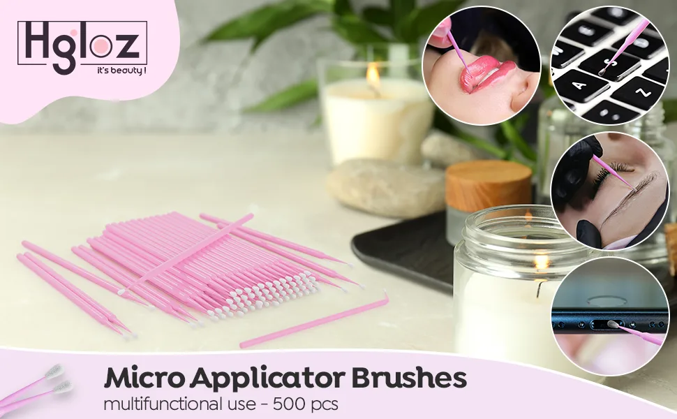 HGLOZ Microswabs for Eyelash Extensions Pack of 500 in Pink  2mm Soft Micro Applicator Brush with Microfiber Wands  Suitable for Cleaning and Applying Make-up - MICRO BRUSHES