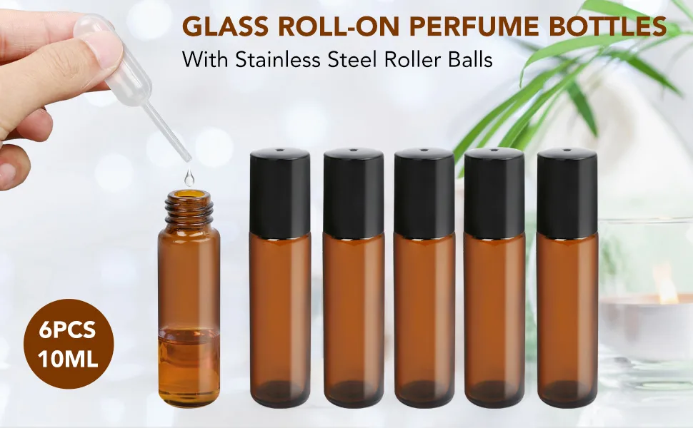 LotFancy 6pc 10ml Roller Bottles for Essential Oils, Amber Glass Empty Bottle with Stainless Steel Roller Balls, Leakproof Roll on Perfume Bottles, Includes 2pc 4ml Droppers Amber (Pack of 6) - amber glass roller bottles