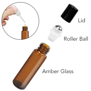 LotFancy 6pc 10ml Roller Bottles for Essential Oils, Amber Glass Empty Bottle with Stainless Steel Roller Balls, Leakproof Roll on Perfume Bottles, Includes 2pc 4ml Droppers Amber (Pack of 6) - bottles for essential oil
