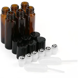 LotFancy 6pc 10ml Roller Bottles for Essential Oils, Amber Glass Empty Bottle with Stainless Steel Roller Balls, Leakproof Roll on Perfume Bottles, Includes 2pc 4ml Droppers Amber (Pack of 6) - product information 6