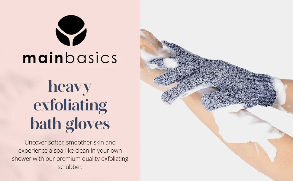 MainBasics Exfoliating Bath Shower Gloves  Body Scrub Exfoliator Glove - Deep Exfoliation (1 Pair Heavy Glove) - MainBasics Heavy Exfoliating Bath Gloves EBC