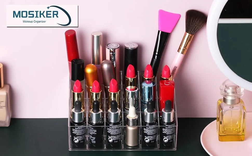 MOSIKER Lipstick Holder,Small Plastic Clear Acrylic Organizer for Lip Gloss,Cosmetic Storage with 24 Spaces - Small Plastic Lipstick Holder with 24 Slots