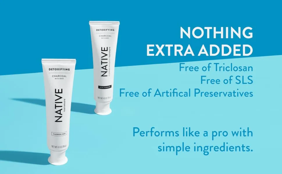 Native Toothpaste Made from Naturally-Derived Cleaners and Simple Ingredients That Safely Whitens Teeth, 4.1 oz, Charcoal Fluoride Free - 1 Count - Native Toothpaste | Natural Teeth Cleaner with or without Fluoride