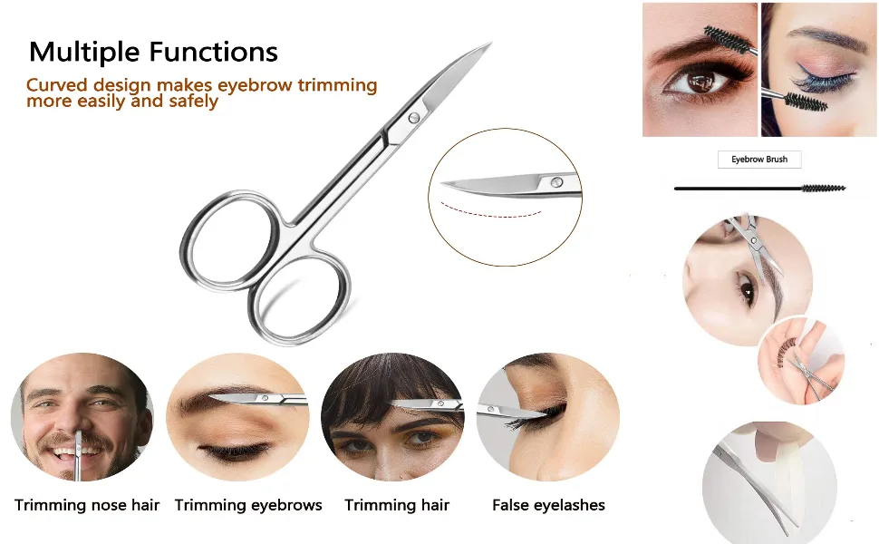 Eyebrow Scissors and Three Eyebrow Brushs, beard and nose trimming scissors eyelash with curved craft stainless steel scissors - scissors