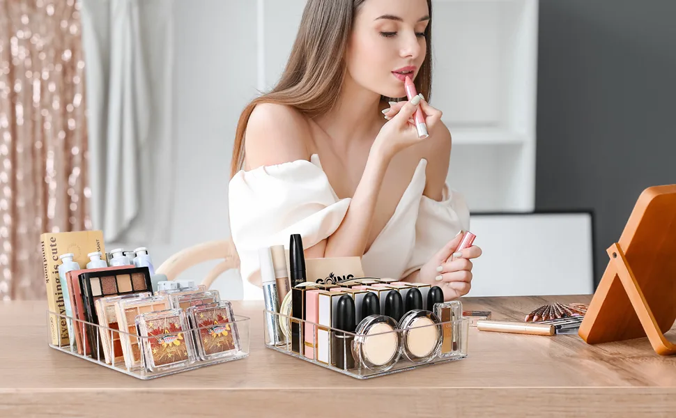 Makeup Organizer for Vanity, Make Up Organizers and Storage for Vanity, 7 Sections Divided Makeup Organizer for Vanity, Clear Plastic Cosmetics organizer for Drawer and Bathroom - make up organizer