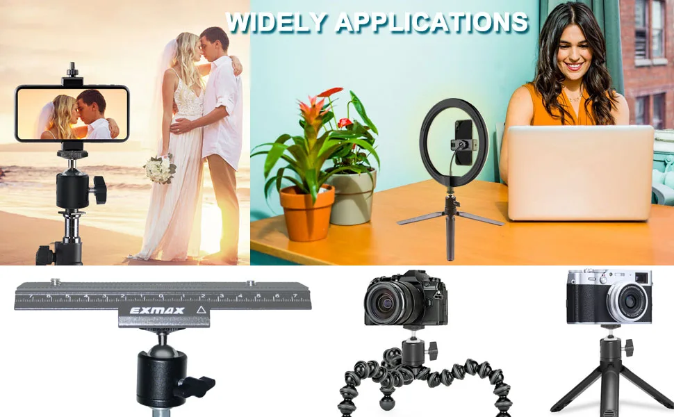 EXMAX 360 Degree Aluminum Alloy Body Rotating Swivel Mini Tripod Ball Head with 1/4" Screw Thread Base Mount for Lighter DSLR Camera Camcorder LED Light Bracket Hiking HTC Vive (Black) - widely applications