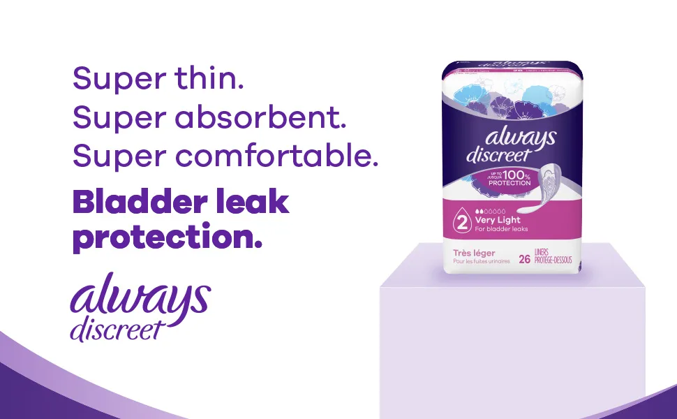 Always Discreet Incontinence & Postpartum Liners For Women, Size 2, Very Light Absorbency, Long Length, 44 Count - Always Discreet Base