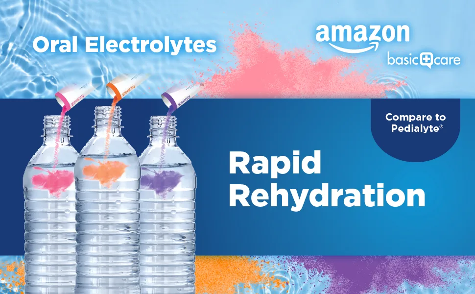 Amazon Basic Care Electrolyte Powder Variety Pack, Apple, Fruit Punch, Grape, Strawberry, Electrolyte Drink Mix, 8 Count Electrolite Powder Variety 8 Count (Pack of 1) - oral electrolytes graphic banner 33 percent more electrolytes fast effective rehydration